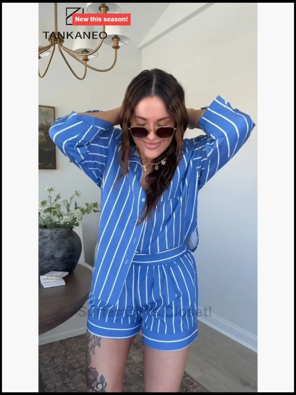 Striped Long Sleeve Button Down Shirt Matching Shorts Set